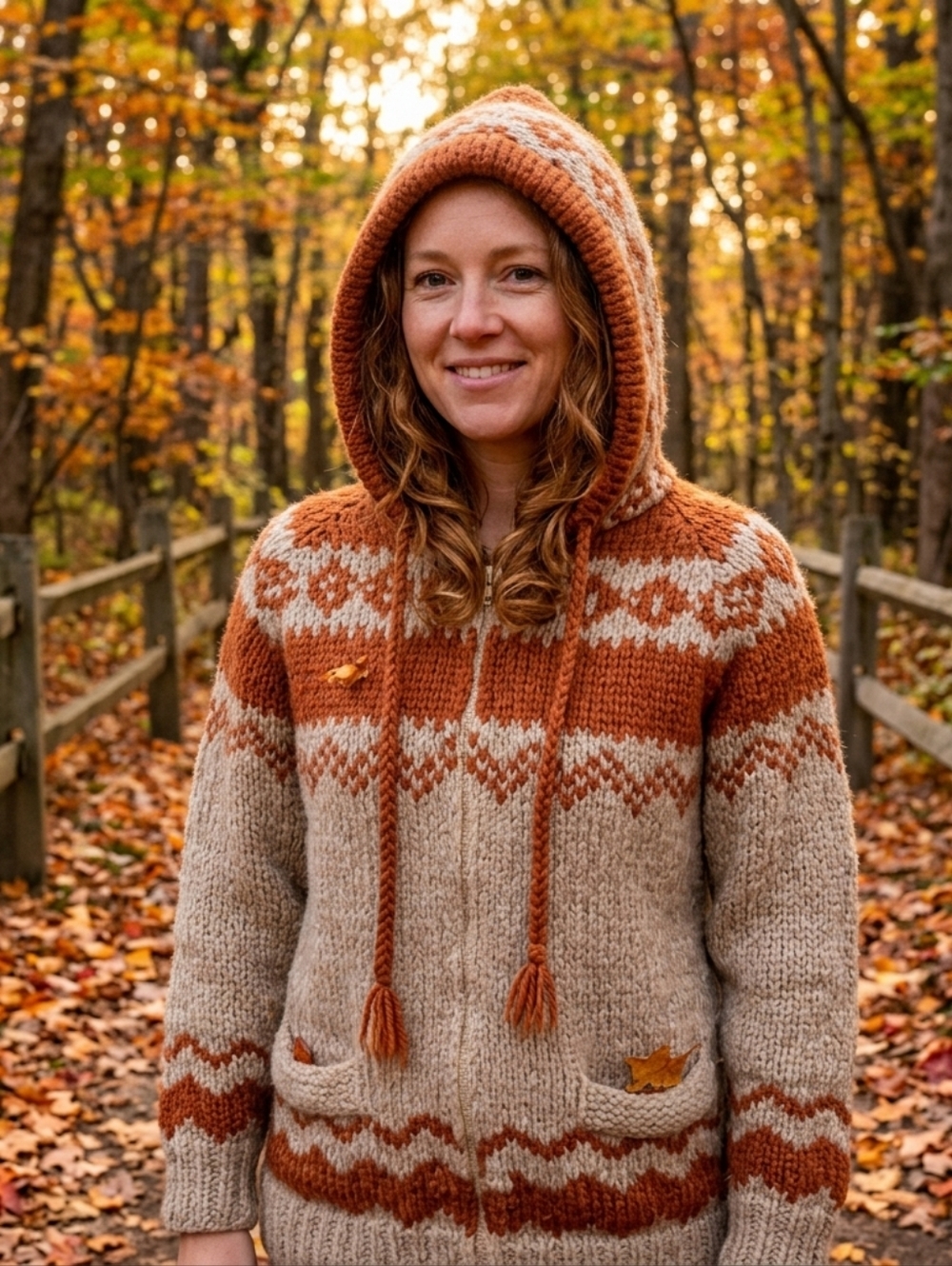 Vintage Handmade Thick Knit Zip-up Hooded Nordic Fair Isle Style Sweater